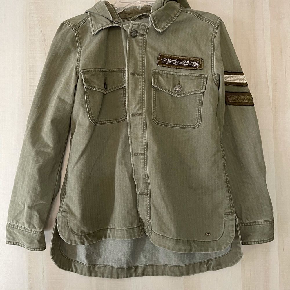 American Eagle trucker shirt jacket olive army green detachable hood, size small